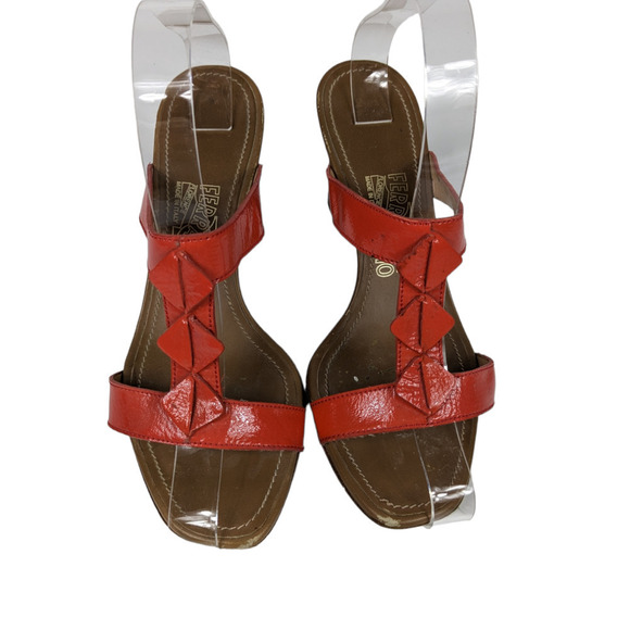 Salvatore Ferragamo Sandals 7 Coral Orange Red Patent Leather Strappy Heels - Picture 2 of 7